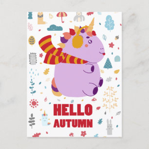 Hello Autumn Purple Unicorn Postcard