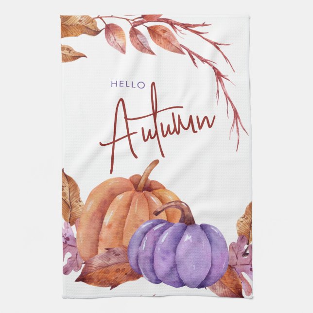 Hello Autumn Watercolor Pumpkins  Tea Towel (Vertical)