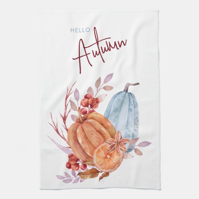 Hello Autumn Watercolor Pumpkins Tea Towel (Vertical)
