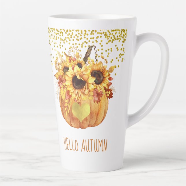 Hello Autumn Watercolor Sunflower Pumpkin  Latte Mug (Right)