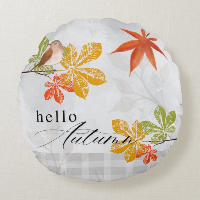 Hello Autumn with Bird and Fall Leaves Round Cushion (Front)