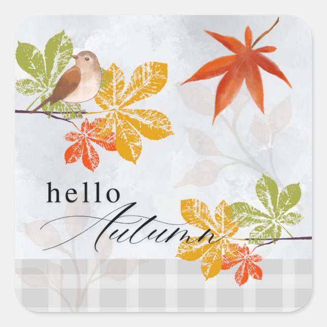 Hello Autumn with Bird and Fall Leaves Square Sticker (Front)