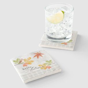 Hello Autumn with Bird and Fall Leaves Stone Coaster