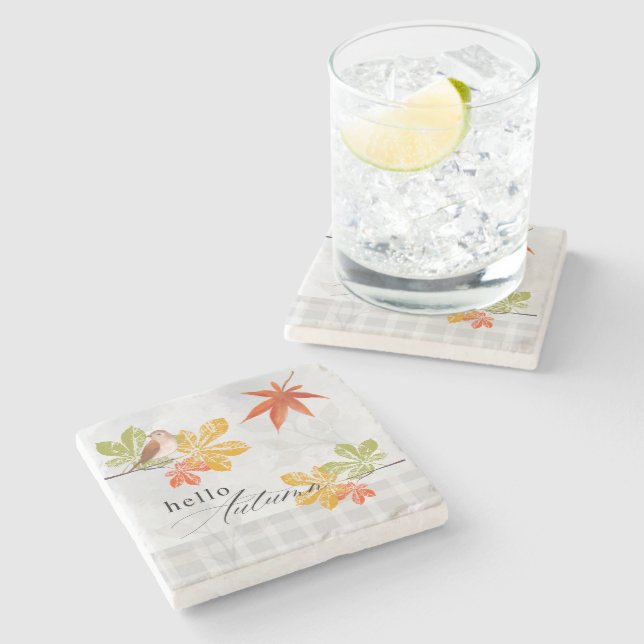 Hello Autumn with Bird and Fall Leaves Stone Coaster (Side)