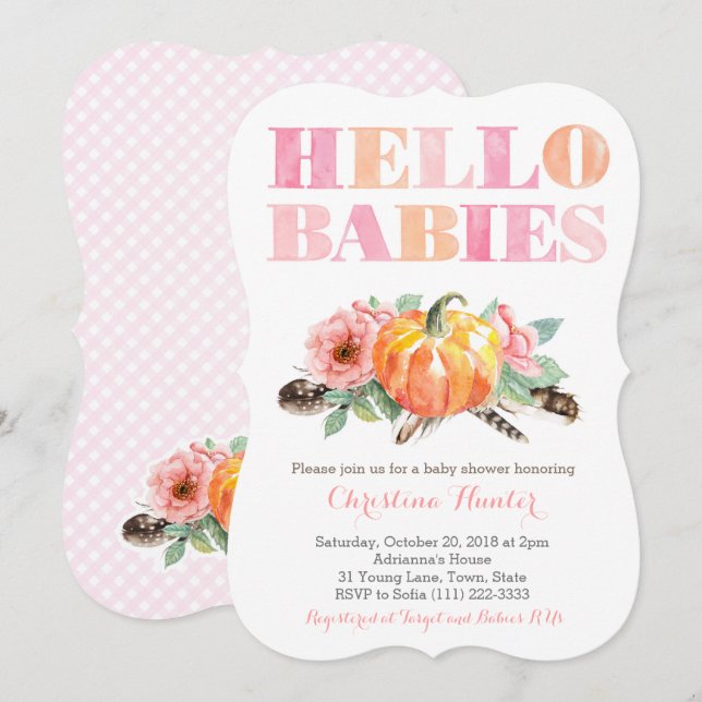 HELLO BABIES Twin Baby Girls Shower or Sip and See Invitation (Front/Back)