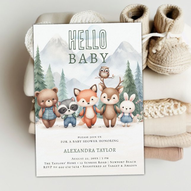 Hello Baby Adventure Woodland Animals Baby Shower Invitation (woodland adventure gender neutral baby shower invitation mountain forest cute animals hiking treck)