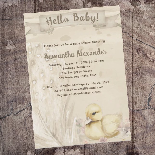Hello Baby  baby shower Invitation (Hello Baby boho baby duck baby shower invitation. Baby duck on wildflowers. Watercolor boho feather.)