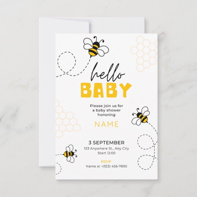 hello baby, baby shower invite cute bee (Front)