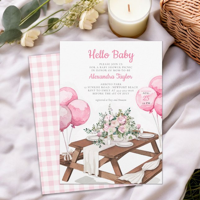 Hello Baby Balloons Picnic Park Girl Baby Shower Invitation (picnic girl baby shower invitation park summer watercolor balloons cute fun casual classy)