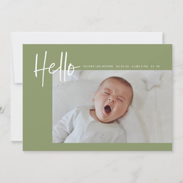 Hello Baby Birth Photo Announcement Boy Girl Green (Front)