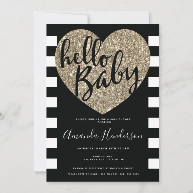 Hello Baby, Black & Gold Baby Shower Invitation (Front)