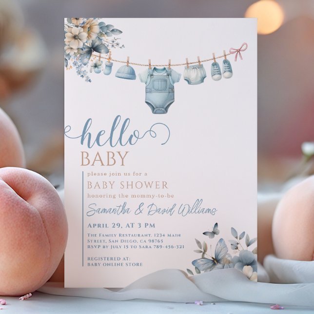 Hello Baby  Blue Flower Butterfly Baby Shower Invitation (Creator Uploaded)