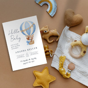 Hello Baby Blue Hot Air Balloon Baby Shower Invitation