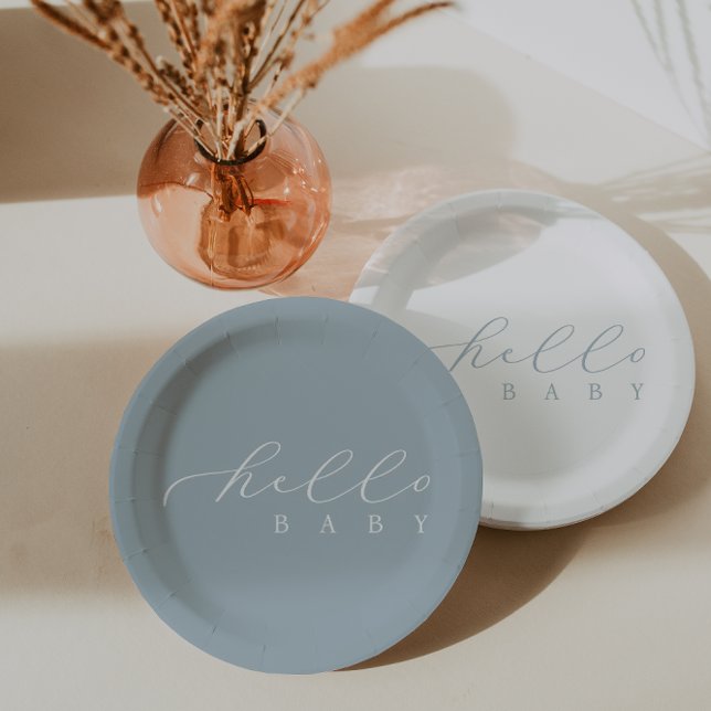 Hello Baby Blue Script Minimalist Baby Shower Paper Plate (Creator Uploaded)