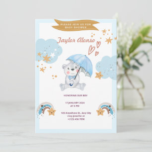 Hello Baby Blue Teddy Bear Baby Shower Invitation
