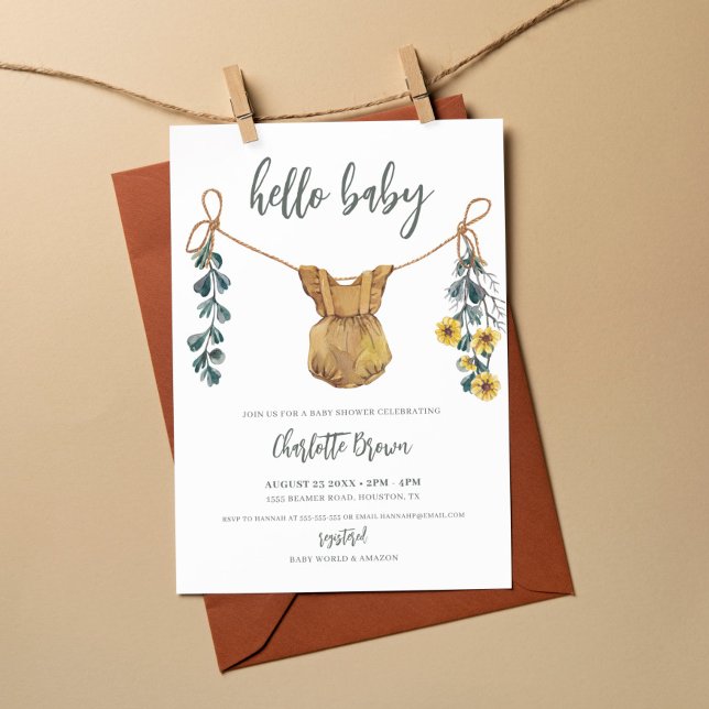 Hello Baby Bohemian Clothes Photo Girl Baby Shower Invitation (Creator Uploaded)