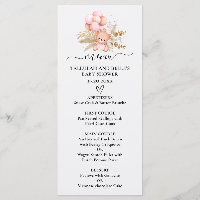 Hello Baby Boho Bear Shower Menu (Front)