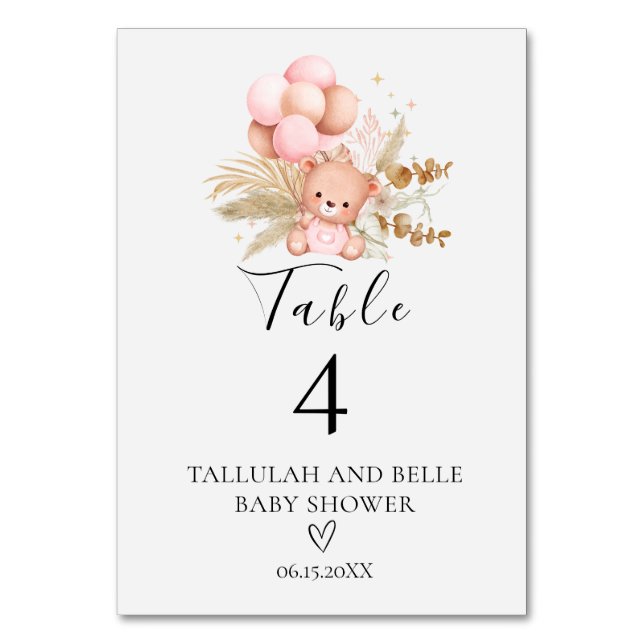 Hello Baby Boho Bear Shower Table Number (Front)