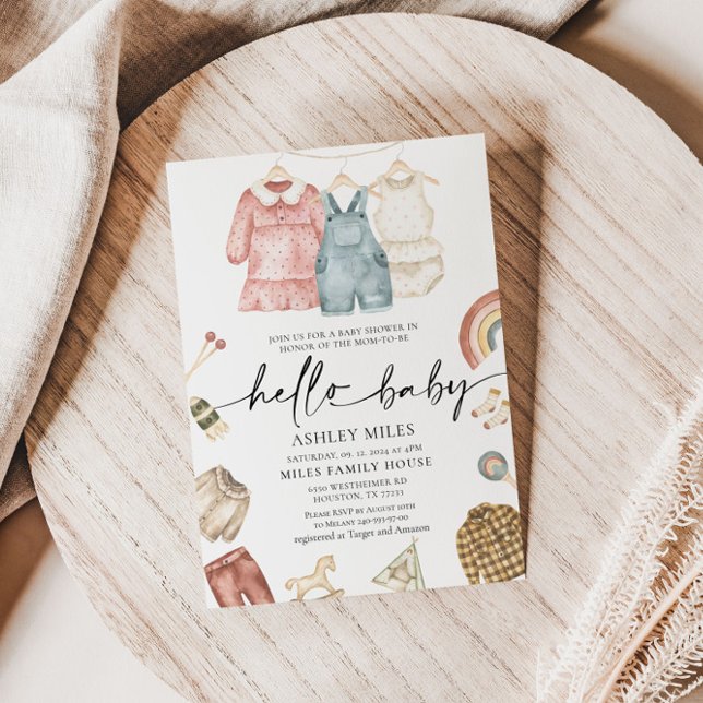 Hello Baby Boho Clothes Baby Shower Invitation (Creator Uploaded)