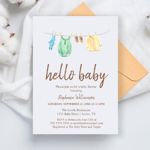 Hello Baby Boho Clothes Line Baby Shower Invita Invitation
