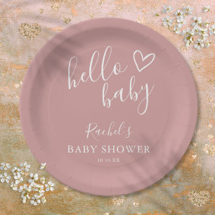 Hello Baby Boho Dusty Rose Girl Baby Shower Paper Plate