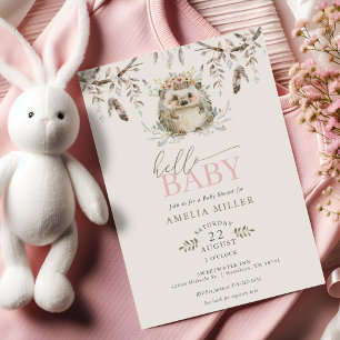 Hello Baby Boho Hedgehog Girl Baby Shower Invitation