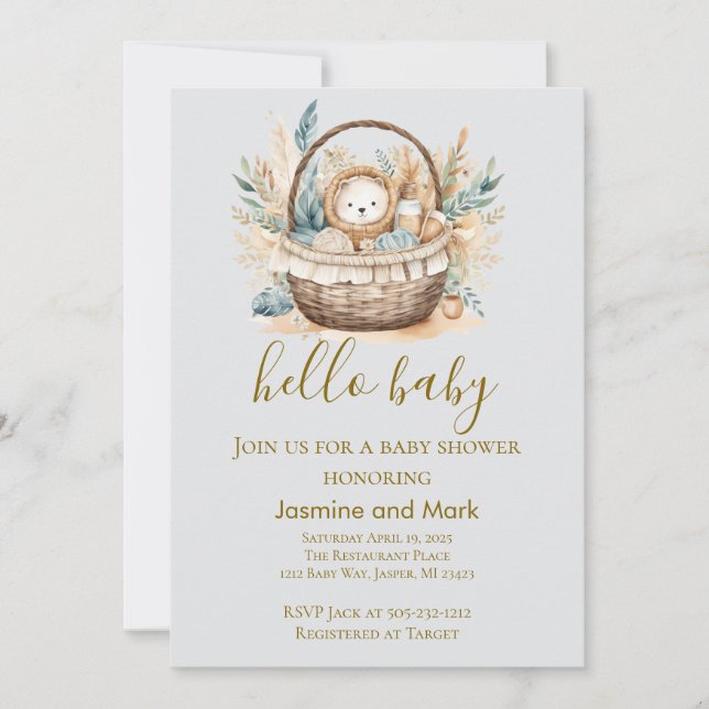 Hello Baby Boho Neutral Bear Basket Invitation (Front)