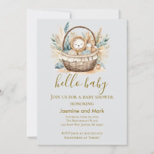 Hello Baby Boho Neutral Bear Basket Invitation