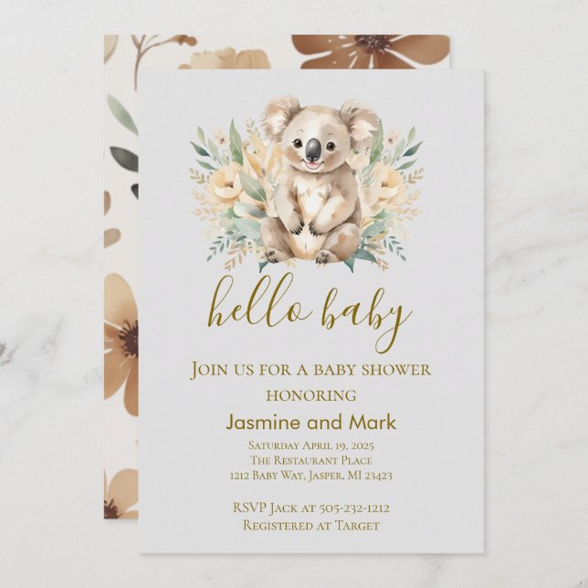 Hello Baby Boho Neutral Koala Bear Invitation (Front/Back)