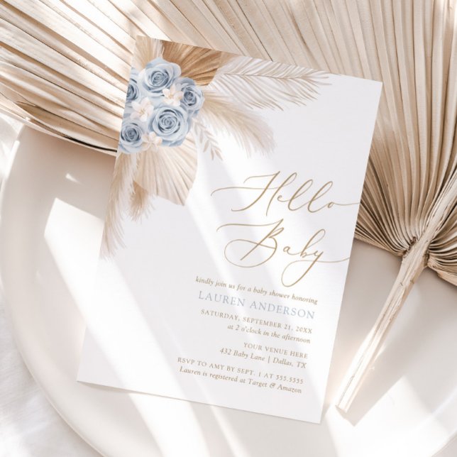 Hello Baby Boho Pampas Grass Boy Baby Shower Invitation (Creator Uploaded)