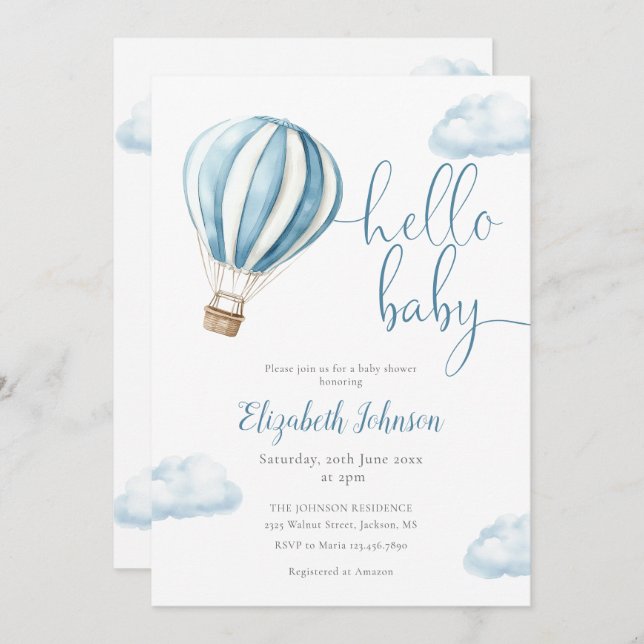 Hello Baby Boy Blue Hot Air Balloon Baby Shower Invitation (Front/Back)