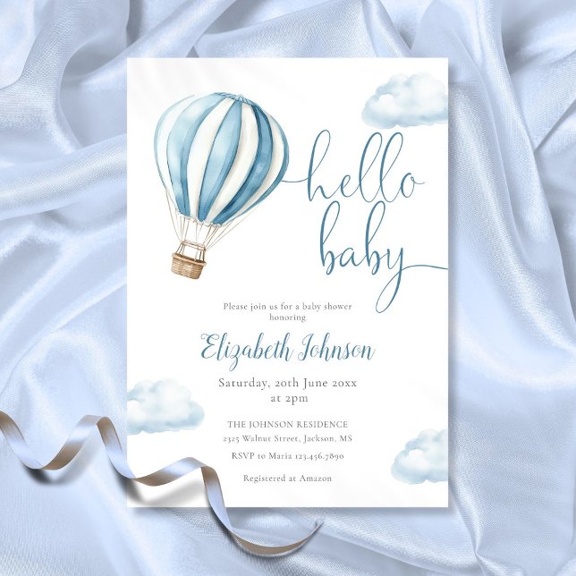 Hello Baby Boy Blue Hot Air Balloon Baby Shower Invitation (Hello Baby Boy Blue Hot Air Balloon Baby Shower Invitation)