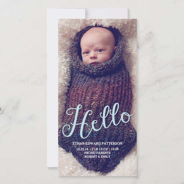 Hello Baby Boy Modern Birth Announcement Photocard (Front)