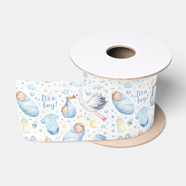 Hello Baby Boy – Watercolor Pattern Design Satin Ribbon (Spool)
