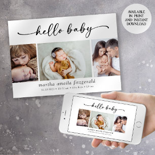 Hello Baby Calligraphy 3 Photo Birth Announcement