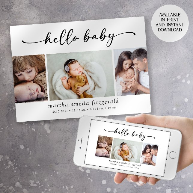 Hello Baby Calligraphy 3 Photo Birth Announcement (Creator Uploaded)