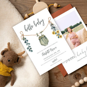 Hello Baby Clothes & Flowers Boho Boy Baby Shower Invitation