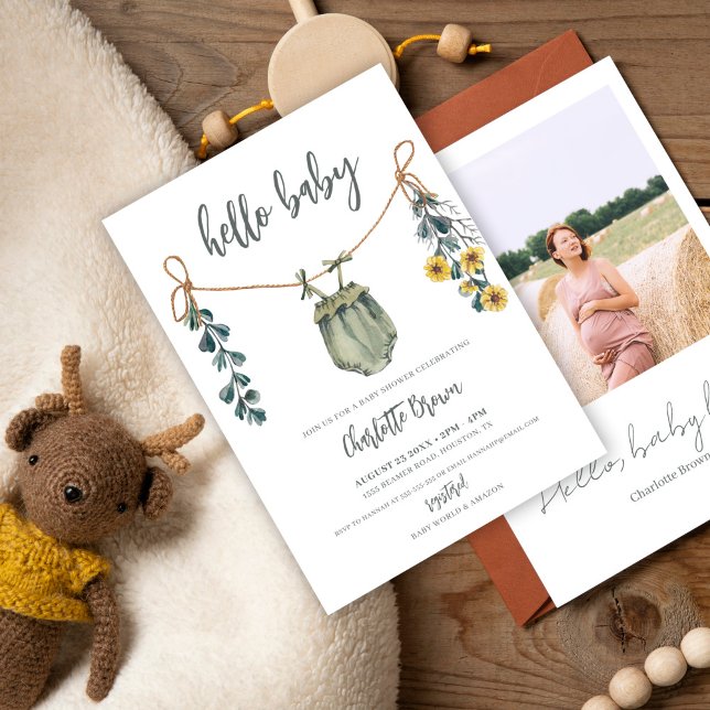 Hello Baby Clothes & Flowers Boho Boy Baby Shower Invitation (Creator Uploaded)