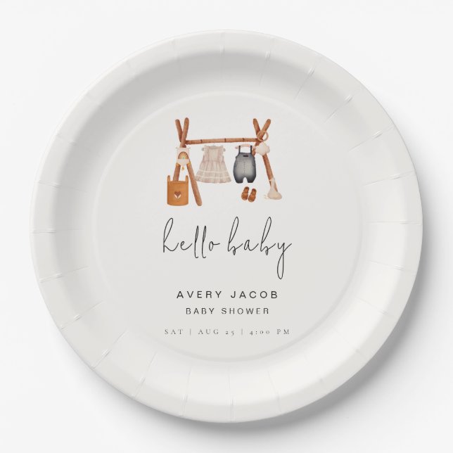 Hello Baby | Cute Boho Clothes Baby Shower  Paper Plate (Front)