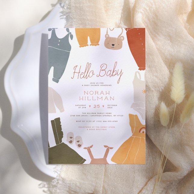 Hello Baby | Cute Boho Clothes Girl Baby Shower Invitation (Creator Uploaded)