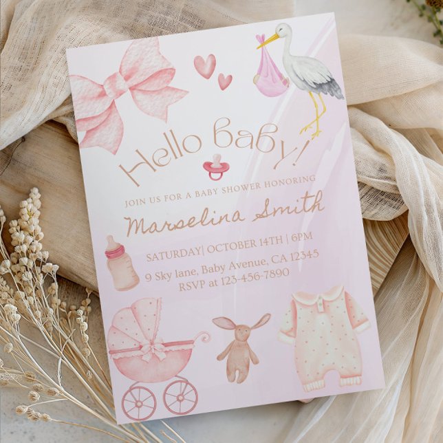 Hello Baby! Cute Bow Baby Shower Party Invitation (Creator Uploaded)
