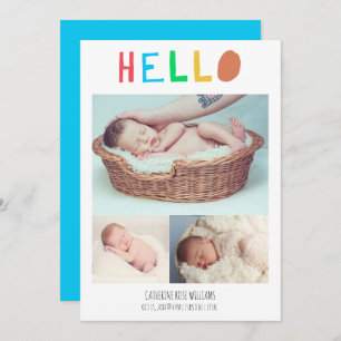 Hello Baby Cute Colourful 4 Photo Collage Newborn Announcement