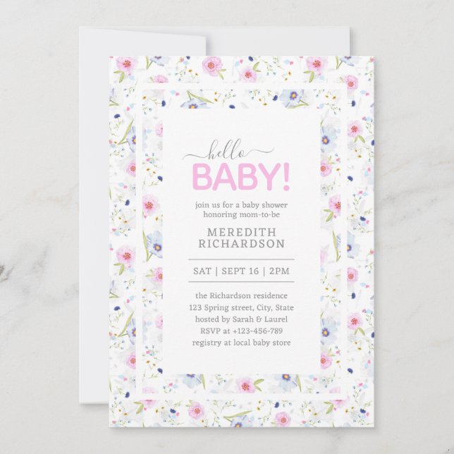 Hello Baby Cute Floral Pink Blue Girl Baby Shower  Invitation (Front)