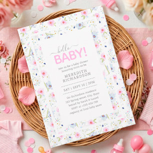 Hello Baby Cute Floral Pink Blue Girl Baby Shower  Invitation