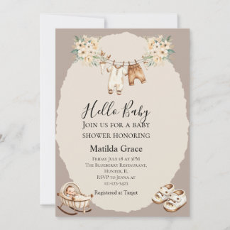 Hello Baby Cute Neutral Beige  Invitation