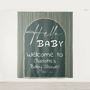 Hello Baby Dark Green Stripes Baby Shower Backdrop Tapestry