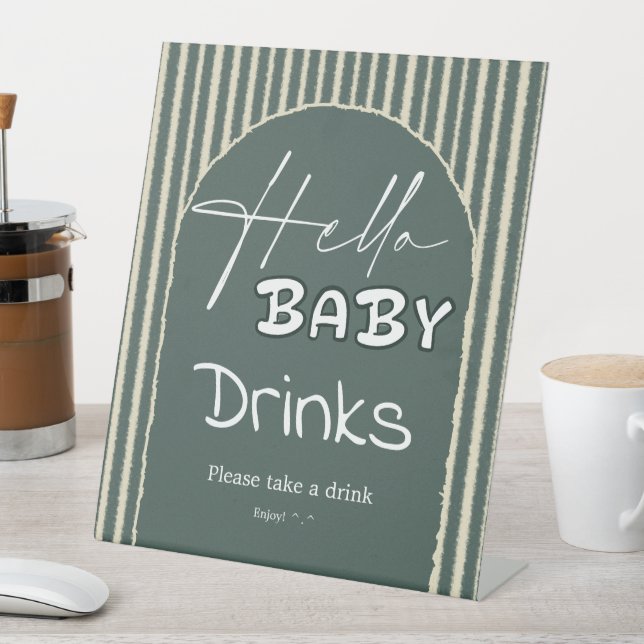Hello Baby Dark Green Stripes Baby Shower Drinks Pedestal Sign (In SItu)