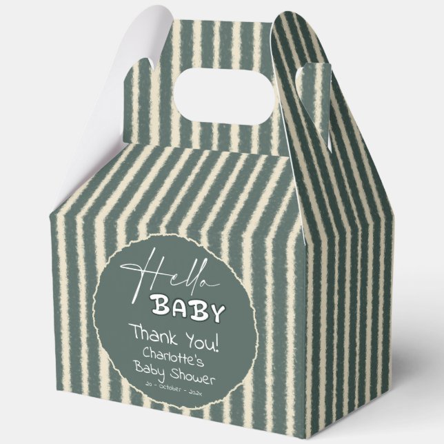 Hello Baby Dark Green Stripes Baby Shower Favour Box (Front)