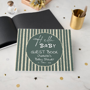 Hello Baby Dark Green Stripes Baby Shower Guest Book