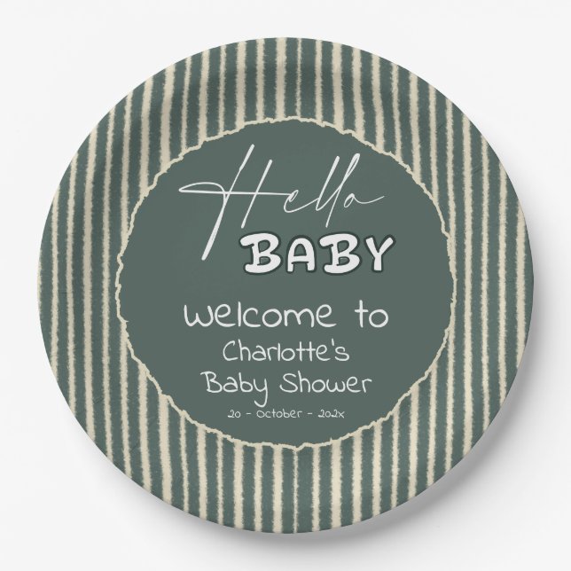 Hello Baby Dark Green Stripes Baby Shower Paper Plate (Front)